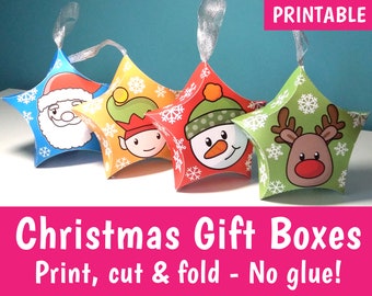 PRINTABLE Christmas Star Gift Boxes, Boîtes à oreillers en forme d'étoile, Boîtes de faveur de fête de Noël, Artisanat de Noël, Modèle de boîte cadeau DIY TÉLÉCHARGER