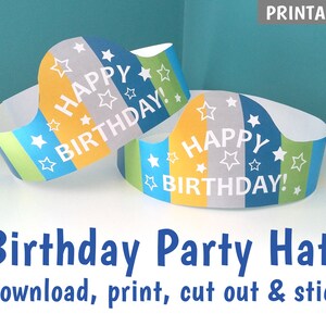 PRINTABLE Birthday Party Hats, Make your own party hats, Blue, Green & Yellow Colours Party Decoration - DOWNLOAD