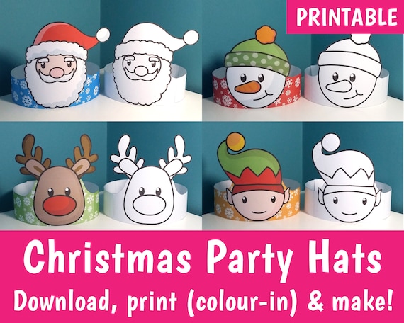 PRINTABLE Christmas Party Hats Includes Full Colour Colour in