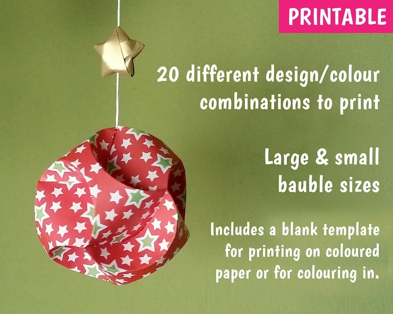 Puede incluir: Plantilla de papel para manualidades de adorno navide&ntilde;o imprimible con 20 combinaciones diferentes de dise&ntilde;o y color. La plantilla incluye una versi&oacute;n en blanco para colorear o imprimir en papel de color. El adorno es una bola roja y verde con estrellas blancas.