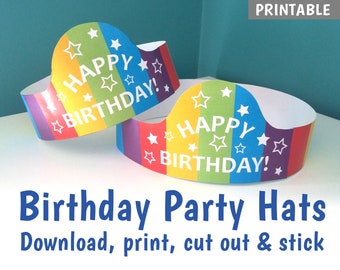 Chapeaux de fête d'anniversaire imprimables, faites vos propres chapeaux de fête, décoration de fête arc-en-ciel aux couleurs vives - TÉLÉCHARGER