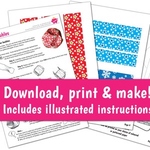 Puede incluir: Instrucciones imprimibles para hacer adornos de papel con pasos ilustrados. Las instrucciones incluyen una tira de papel con estampado de estrellas rojas y verdes, una tira de papel con estampado de estrellas azules y blancas y una tira de papel con estampado de copos de nieve. El texto de la p&aacute;gina dice "Para hacer tus adornos de papel: Imprime 3 tiras de adornos..."