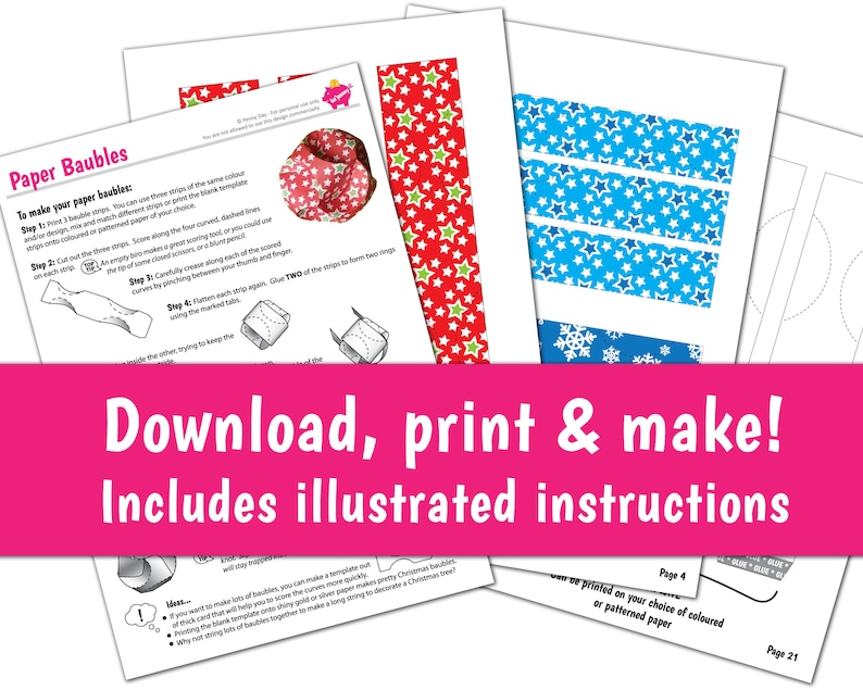 Puede incluir: Instrucciones imprimibles para hacer adornos de papel con pasos ilustrados. Las instrucciones incluyen una tira de papel con estampado de estrellas rojas y verdes, una tira de papel con estampado de estrellas azules y blancas y una tira de papel con estampado de copos de nieve. El texto de la p&aacute;gina dice "Para hacer tus adornos de papel: Imprime 3 tiras de adornos..."