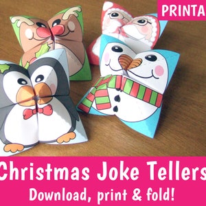 May include: Printable Christmas joke tellers featuring a penguin, reindeer, snowman, and Santa Claus. Download, print, and fold to create fun holiday games.