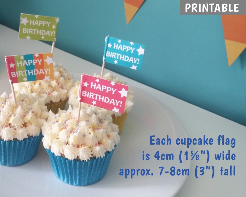 PRINTABLE Birthday Cupcake Flags, Make your own cake toppers, Tropical Coloured Party Cake Decorations DOWNLOAD image 3