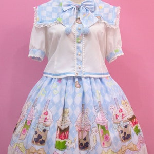 Sweet Lolita Cat Bubble Tea Print Kawaii skirt and sailor blouse set