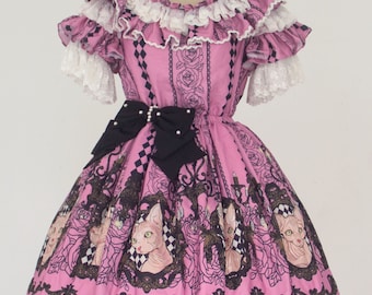 Custom size Sphynx Cat print Gothic Classic Lolita fashion OP Dress (style 2)