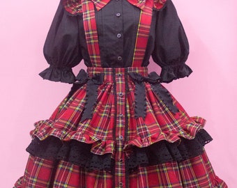 Custom size and colors- Old school Red Tartan Plaid Skirt with blouse set Classic Lolita fashion