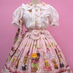 Sweet Lolita Hamster Boba Tea Print Kawaii Blouse Skirt set- Custom size