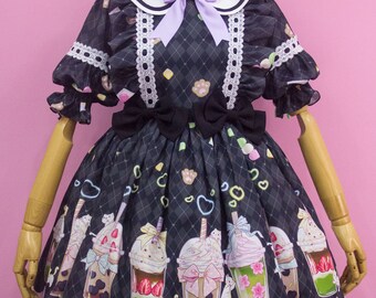 Sweet Lolita Cat Bubble Tea Print Kawaii OP Dress- Custom size