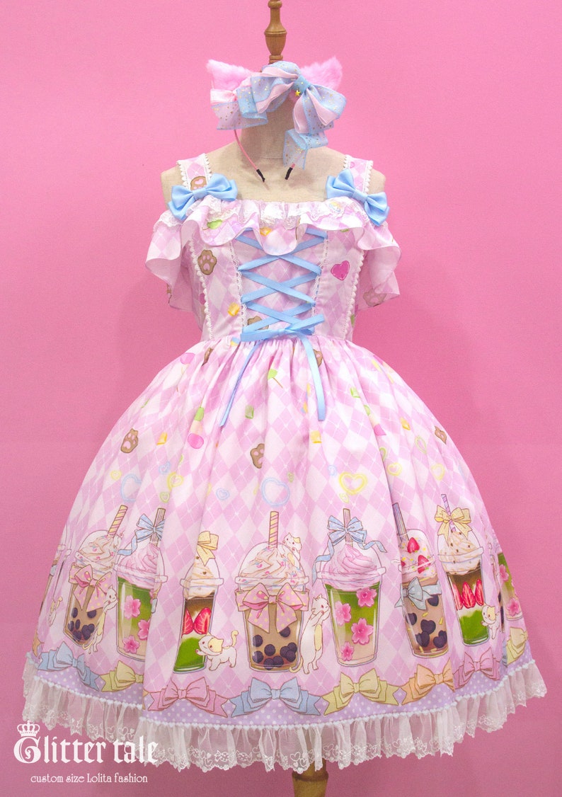 Sweet Lolita Cat Bubble Tea Print Kawaii JSK Dress image 1