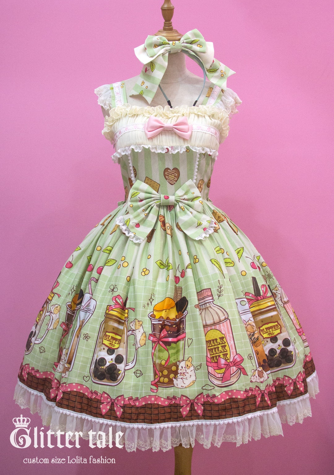 Sweet Lolita Hamster Boba Tea Print Kawaii JSK Dress- Custom Sweet Lolita Hamster Boba Tea Print Kawaii JSK Dress- Custom