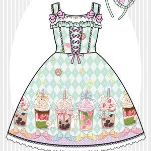 Sweet Lolita Cat Bubble Tea Print Kawaii JSK Dress image 5