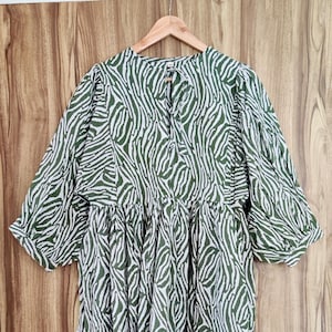 Hand Block Printed Cotton Dress: Deep Neck Indian Print