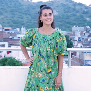 Green Floral Block Print Cotton Dress - Midi or Mini