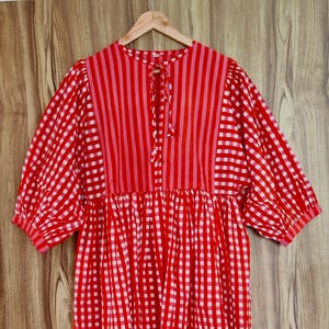 Red Check Cotton Dress: Hand Block Printed Indian Dress