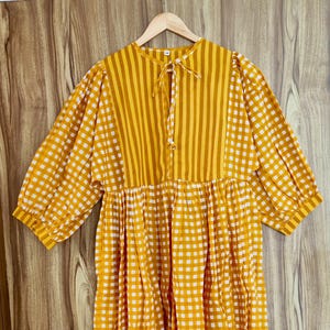 Hand Block Printed Cotton Dress: Yellow Check Deep Neck