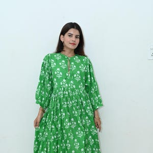 Vestido midi de algodón hecho a mano: estampado de cuadros verdes