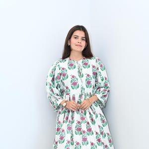 Block Print Floral check Dress Hand Block Printed Dress, Indian Block Print Dress Block Printed Dress For Women Deep Neck with string closer