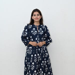 Hand Block Print Cotton Maxi Dress: Navy Blue Floral Boho Dress
