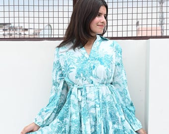 Blue Tropical Print Cotton Shirt Dress with Belt