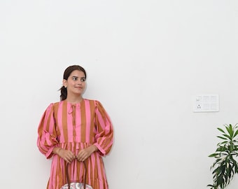 Striped Cotton Gauze Midi Dress | Boho String-Neck, Balloon Sleeves, Pure Cotton