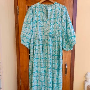 Block Print Cotton Midi Dress: Floral Deep Neck Gown