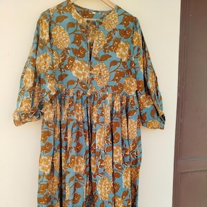 Hand Block Floral Cotton Dress: Deep Neck Summer Wear