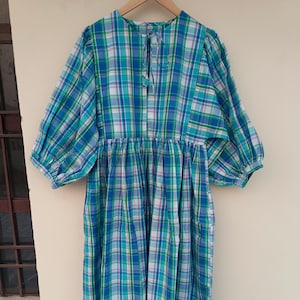 Madras Cotton Midi Dress: Floral Block Print Deep Neck