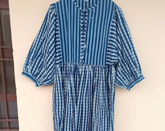 Block Print Blue check Dress Hand Block Printed Dress, Indian Block Print Dress, Block Printed Dress For Women Deep Neck with string closer