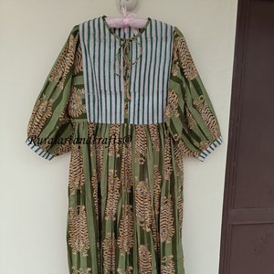 Green stripes Tiger Midi Dress, Mini Dress, Long Block Print Dress, Deep Neck with string closer