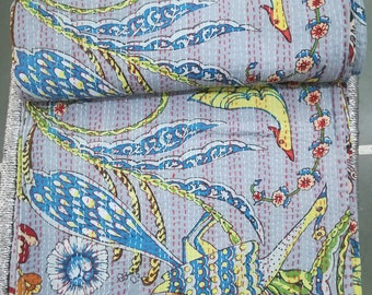 Handmade Bird Print Kantha Quilt: Indian Cotton Bedspread (90"X108")