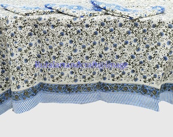 Toalha de mesa com estampa de blocos de mão e guardanapos: capa de mesa de algodão floral indiana