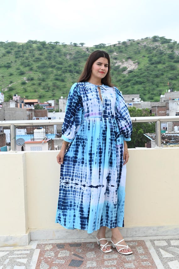 Hand Block Printed Cotton Dress: Deep Neck Blue Indian Dress