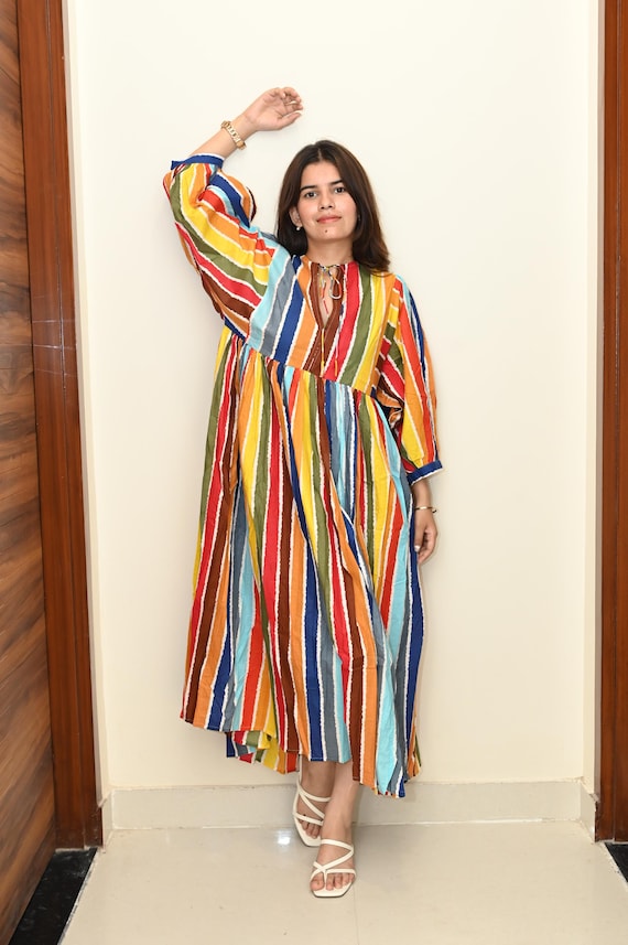 long sleeve vertical striped dress Women's Minimalist Beige Vertical-Stripe Maxi Dress With White Lace Trim And Flared Long Sleeves MDZ1745F9ZRK, Oatmeal / S