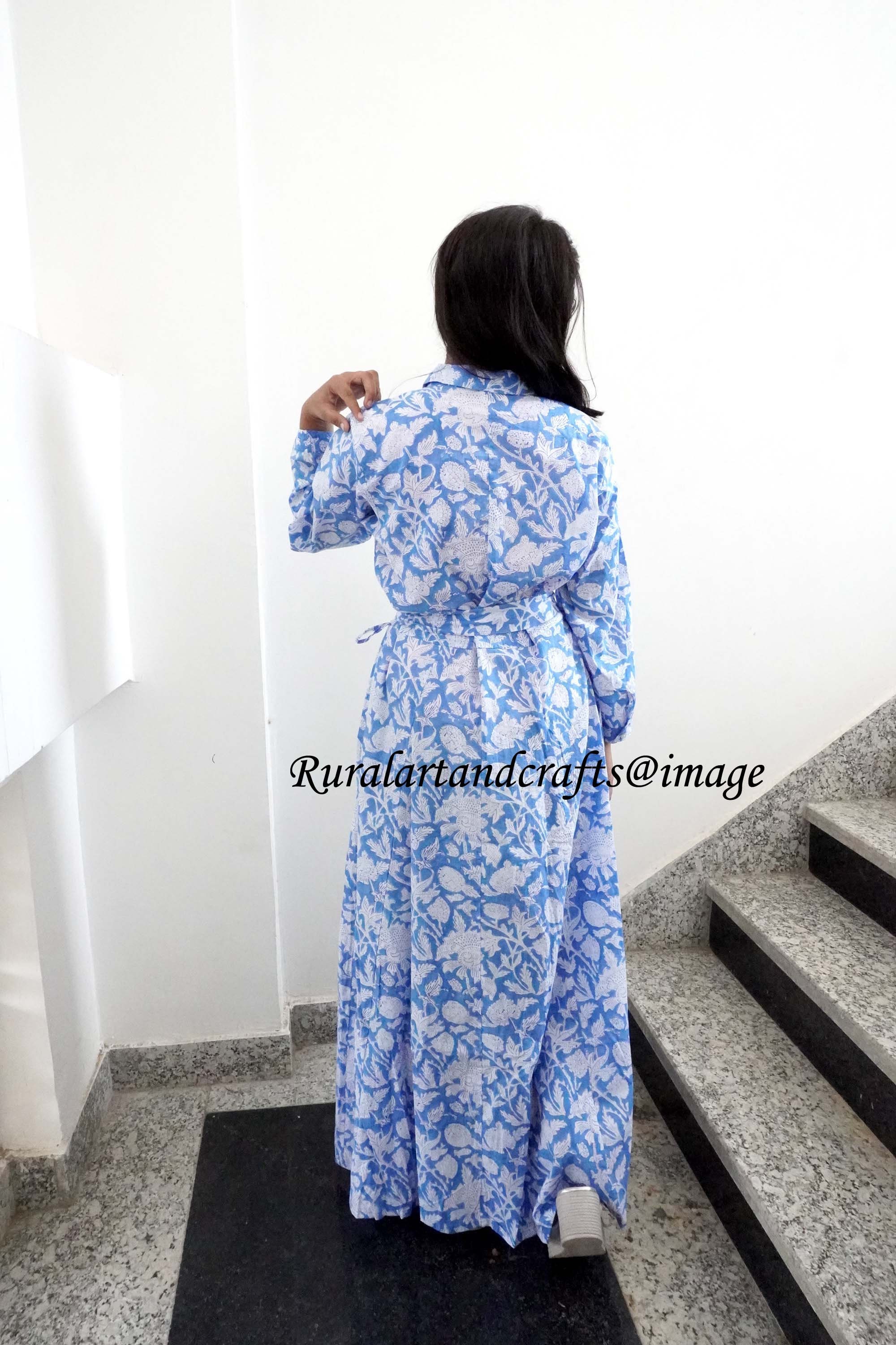 Blue Floral Print Cotton Shirt Dress: Boho Long Gown Blue Floral Print Cotton Shirt Dress: Boho Long Gown
