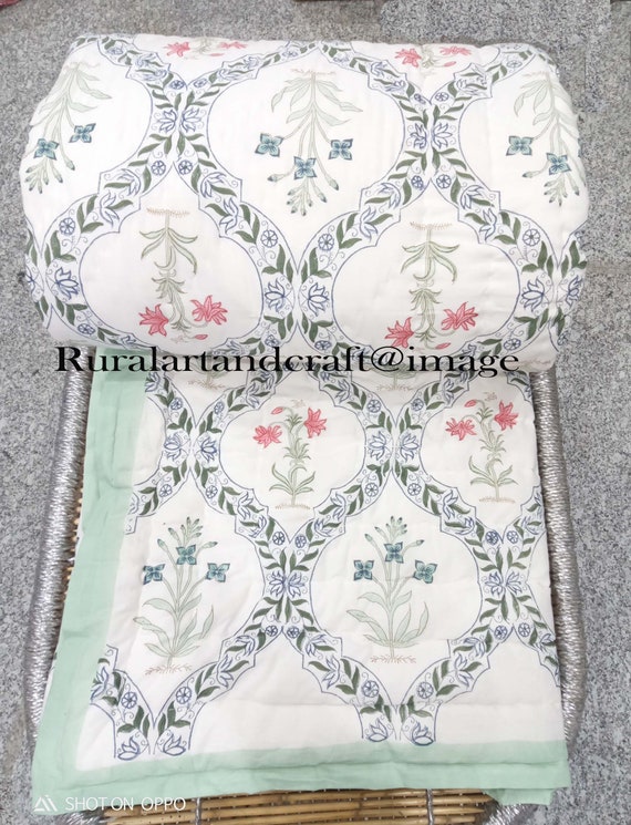 Lime Green Floral Hand Block Printed Cotton Kantha Throw -Double bed Size Lime Green Floral Hand Block Printed Cotton Kantha Throw -Double bed Size