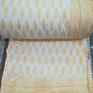 Yellow Floral Print Kantha Quilt: Reversible Cotton Bedding Throw