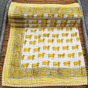 Handmade Indian Baby Quilt: Yellow Ox Block Print Kantha Throw