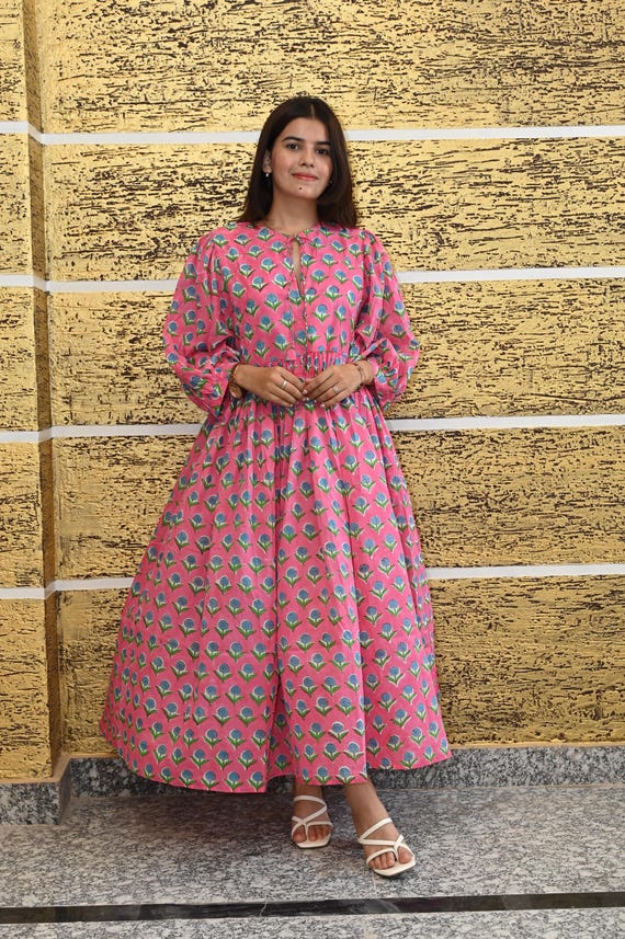Pink Handblock Printed Cotton Maxi Dress: Floral Boho Summer Dress