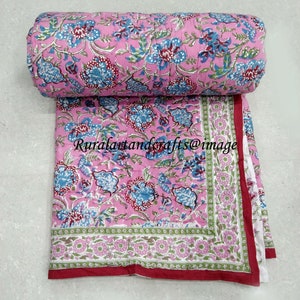 Razai Quilt, Jaipuri Print Quilt Razai Blanket, New Floral Block Print Reversible Cotton Quilt, Winter Warm Quilt Bedspreads