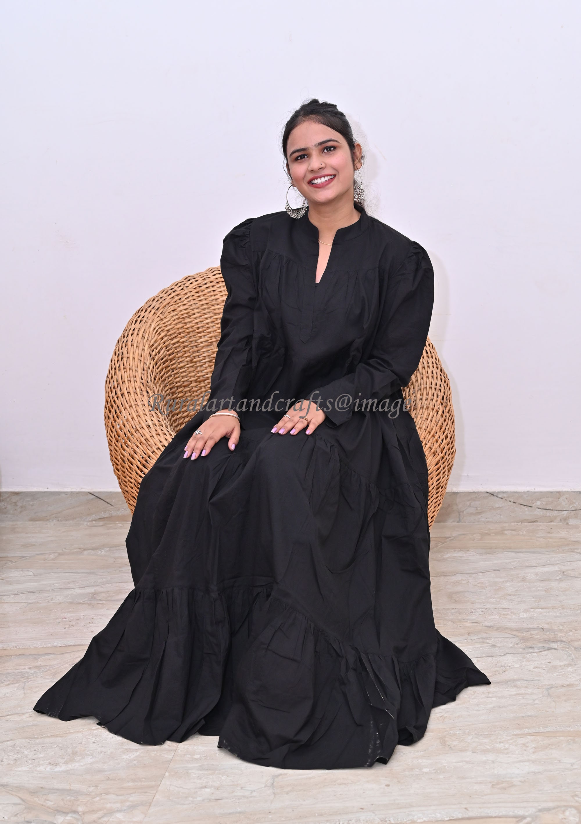 Cotton Long Dress: Indian Block Print, Full Sleeve Boho Maxi