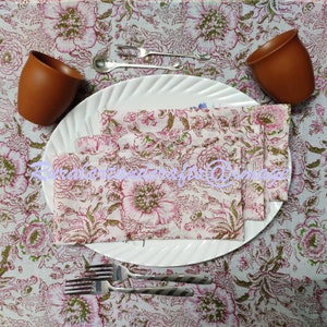 Pink & green  Floral Print Hand Block Print Napkins Set Fabric, Dinner Cocktail Cloth Table Printed Napkin Set, Bandana Wedding gifts