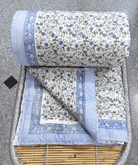 New Floral Print Bedding Throw Hand Print Jaipuri Quilt Throw Soft Cotton Quilt Floral Print Rajai Block Print Quilt Throw