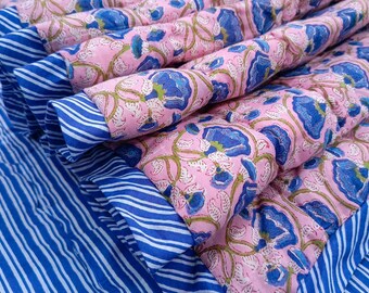 Reversible Cotton Quilt: Hand Block Floral Print, Lightweight Blanket