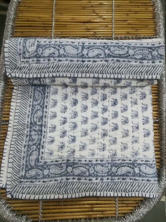 Hand Block Print Kantha baby Quilt Cotton Baby Wrap Child Polka Dot Print Throw