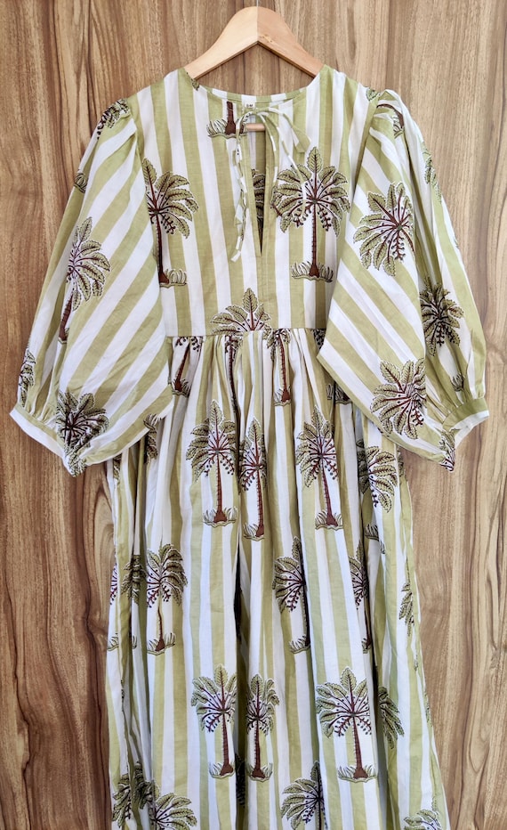 Palm Tree Cotton Dress: Bohemian Block Print Long Dress