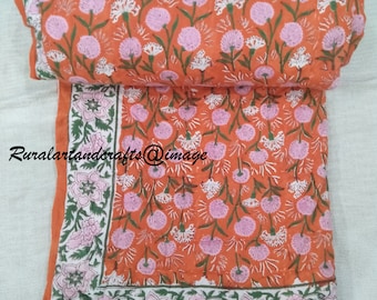 Reversible Cotton Quilt: Hand Block Floral Print, Lightweight Blanket