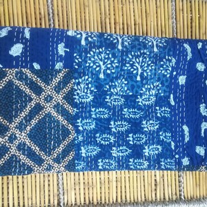 Twin Size Hand Block Print Kantha Quilt Blue Ajrakh Blanket Sari Throw Gudri