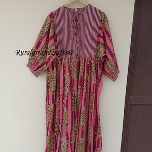 Long Block Print Dress, Deep Neck with string closer maroon Stripes Tiger Midi Dress, Mini Dress,